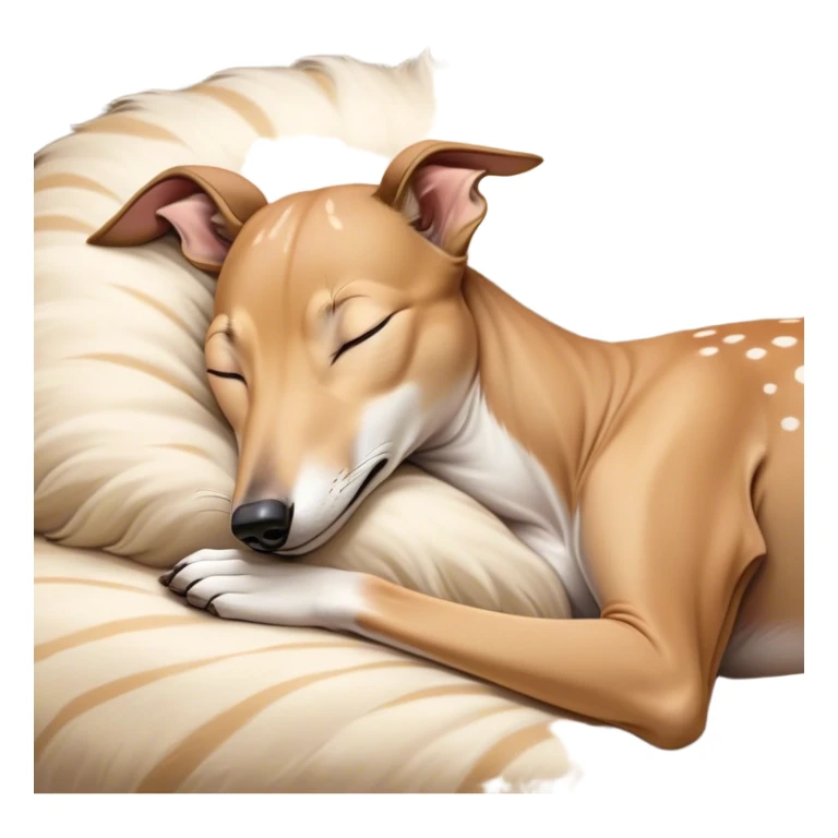 Meme-Worthy Cute Sleeping Fawn Greyhound Portrait Emoji, Head resting peacefully with a contented smile, showcasing a slender build and a luxuriously smooth fawn Fur, eyes shut in a serene nap, Simplified yet hilariously adorable features, highly detailed, glowing with a soft, drowsy light, high shine, relaxed and utterly lovable, stylized with an air of playful laziness, bright and heartwarming, soft glowing outline, capturing the essence of a comically sleepy racer, so meme-worthy it feels like it could instantly become the next viral sensation of adorable slumber! sticker