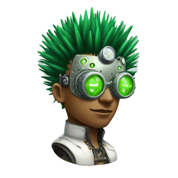 Green Mohawk hair male cyborg head with white steampunk goggles and circuits sticker