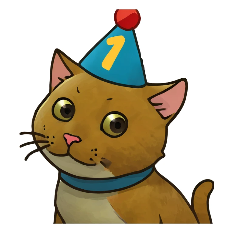 ginger tabby kitten celebrating birthday, wearing a birthday hat, with birthday cake, balloons, happy expression, and gifts sticker