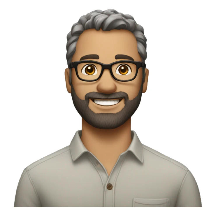 Man aged 39. Short stripped hair and short brown beard, big brown eyes, gray opthical glasses, big smile sticker