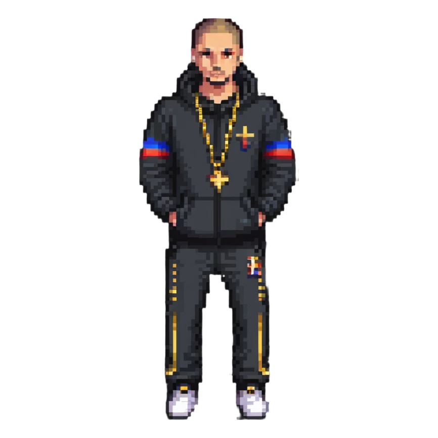 Russian gangster wearing a tracksuit and gold chain, pixel art style sticker