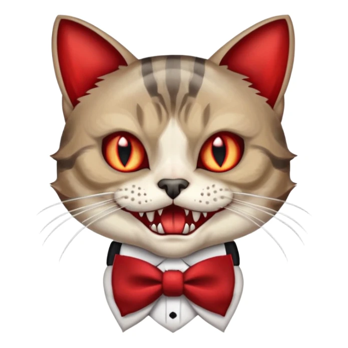 A maceral tabby cat with its mouth open and vampire fangs. The cat has red eyes and is wearing a skull bow tie sticker
