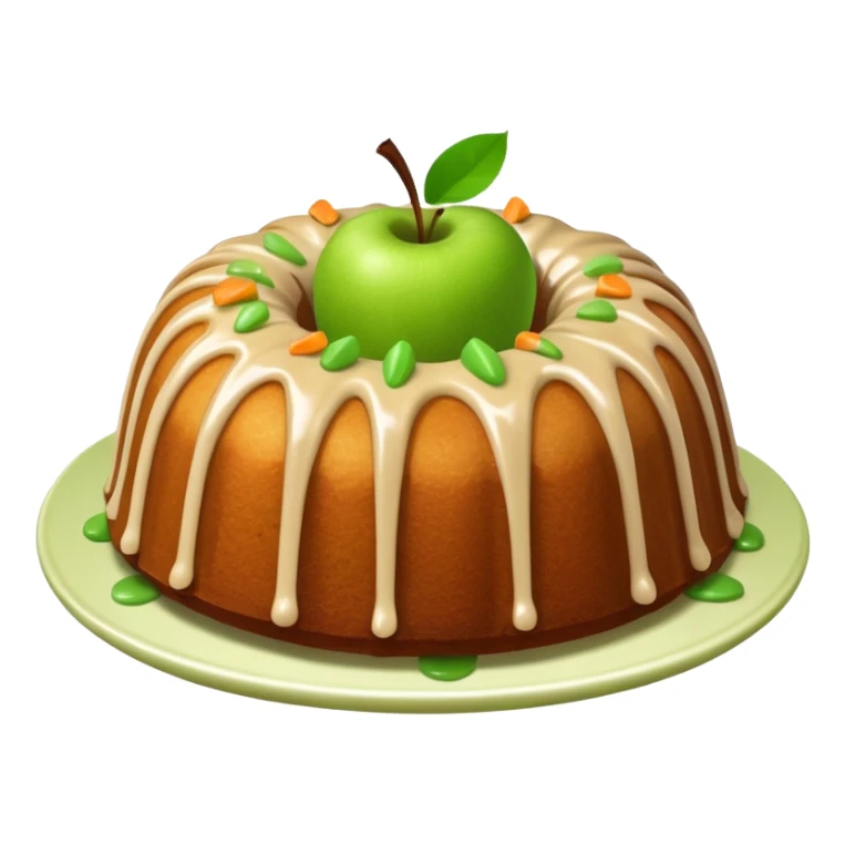 Bundt cake with green apple pieces sprinkled on top and tan sauce sticker
