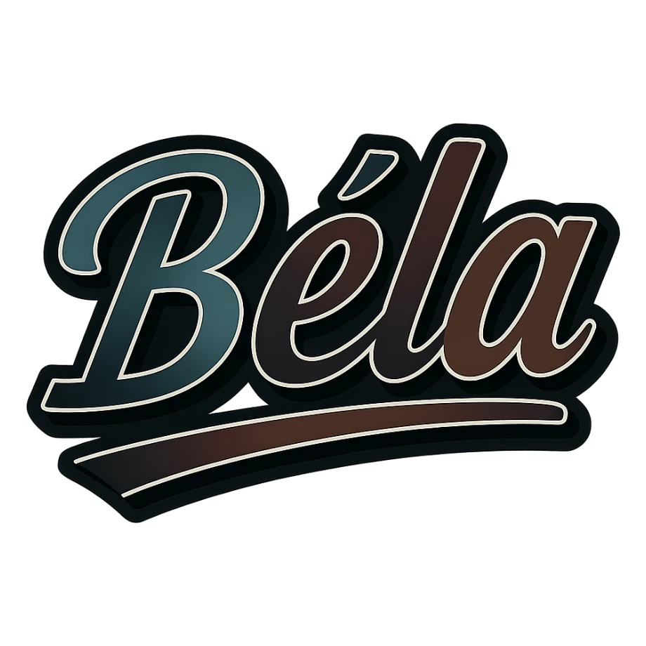Text image of the name 'Béla' in a modern, dynamic font with masculine gradient colors including blue, green, gray, dark burgundy, brown, and dark blue shades. The text has a thin white outline, a dark outer contour, and an underline. The style is inspired by the Péter sample image. Size 1000x1000 px, PNG format, transparent background. sticker