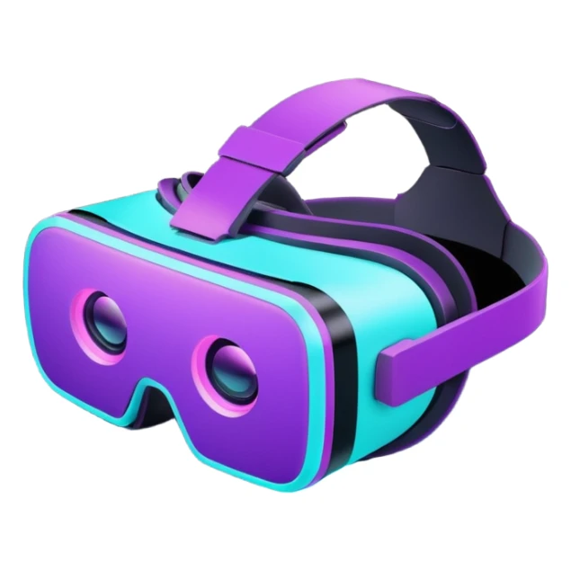 Futuristic glowing neon VR headset, purple and cyan light, dark background, digital tech style sticker