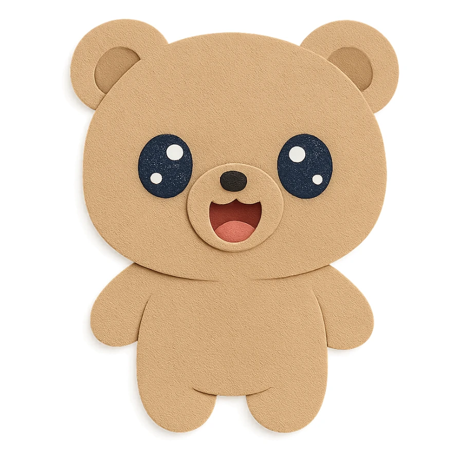 Make the little bear's expression even softer, cuter, and more adorable, with big sparkling watery eyes and a super soft, heart-melting open-mouth smile. The bear should have no objects in its hands, no hair, no tail, and no blush. Keep the bear simple, with a natural, flawless body, round face, round ears, chubby body, soft pastel brown color, and use the exact same paper craft visual effect as the reference image. Clean lines, transparent background. sticker