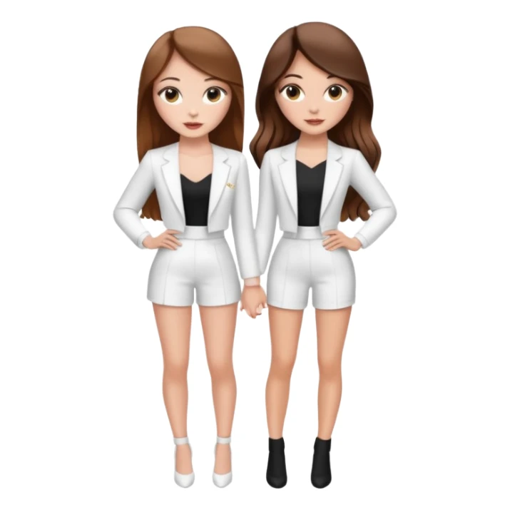 👯‍♀️ generate this emoji, as two white girls, bffs, the same pose but maybe the outfit cuter. we are models. both with brown hair. one girl in white outfit, the other in black. luxury outfits  sticker