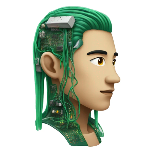 Head of Asian male cyborg with long green hair and circuits sticker
