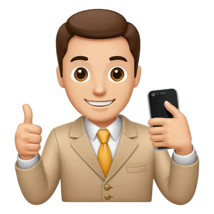 Enthusiastic salesman with phone and thumbs up sticker