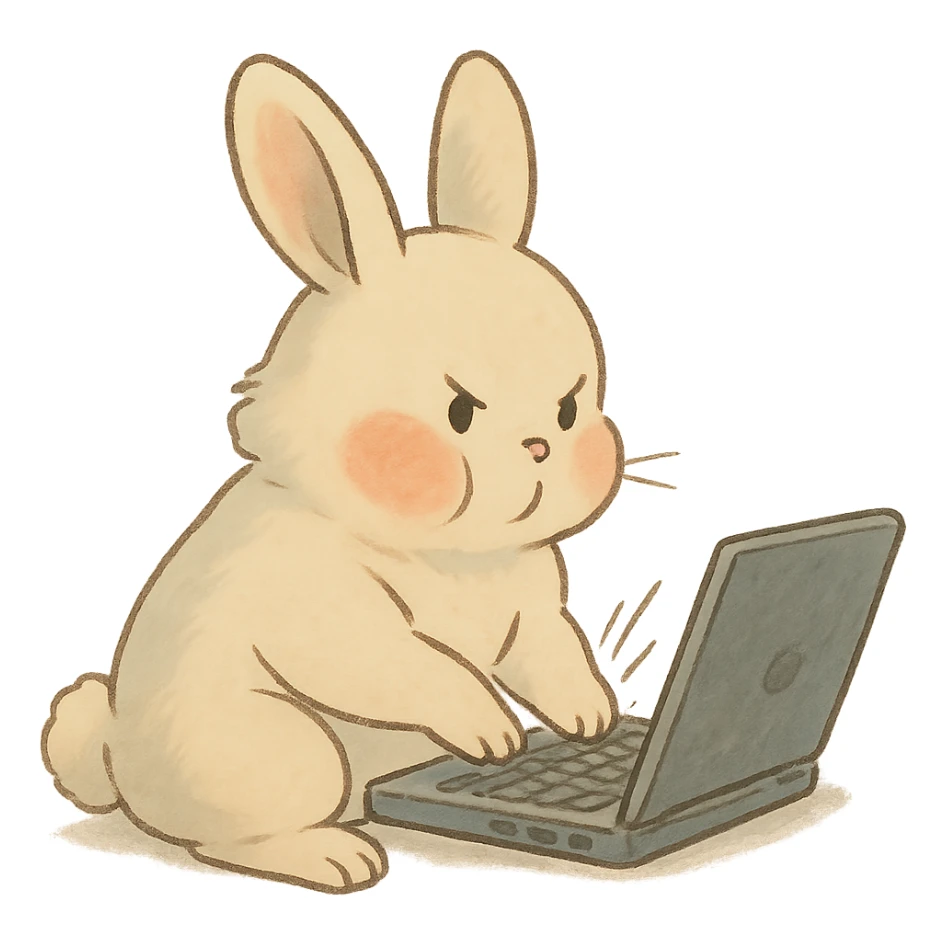 vanilla bunny typing fast, cheeks puffed, soft Ghibli style sticker