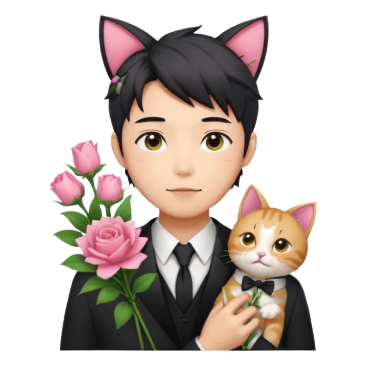 Gorgeous romantic anime style Asian formal modern shojo guy with cat ears and flowers and blushing face aesthetic trending style outside sticker