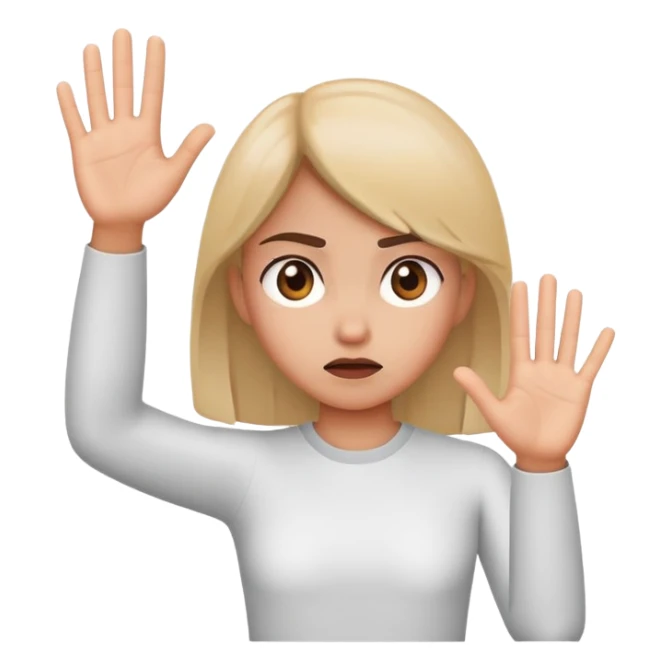 girl looking annoyed, palm raised to signal stop sticker