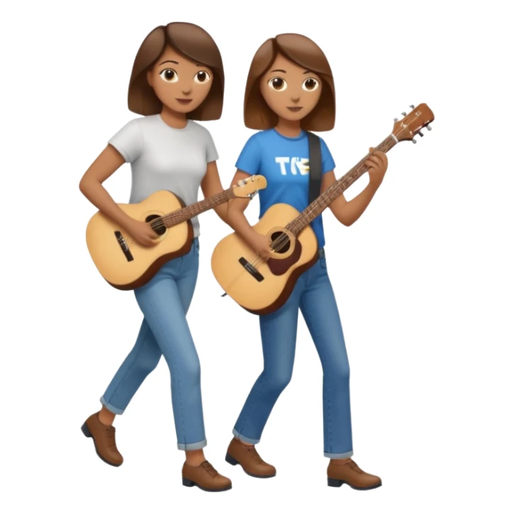 based on emoji style, like this "💁🏻‍♀️" "💁🏽‍♂️" "💁🏻", two people walking together, one is brown-haired woman, wearing business casual, holding a guitar; another one is a non-binary person, wearing t shirt and jeans. they are walking together. sticker