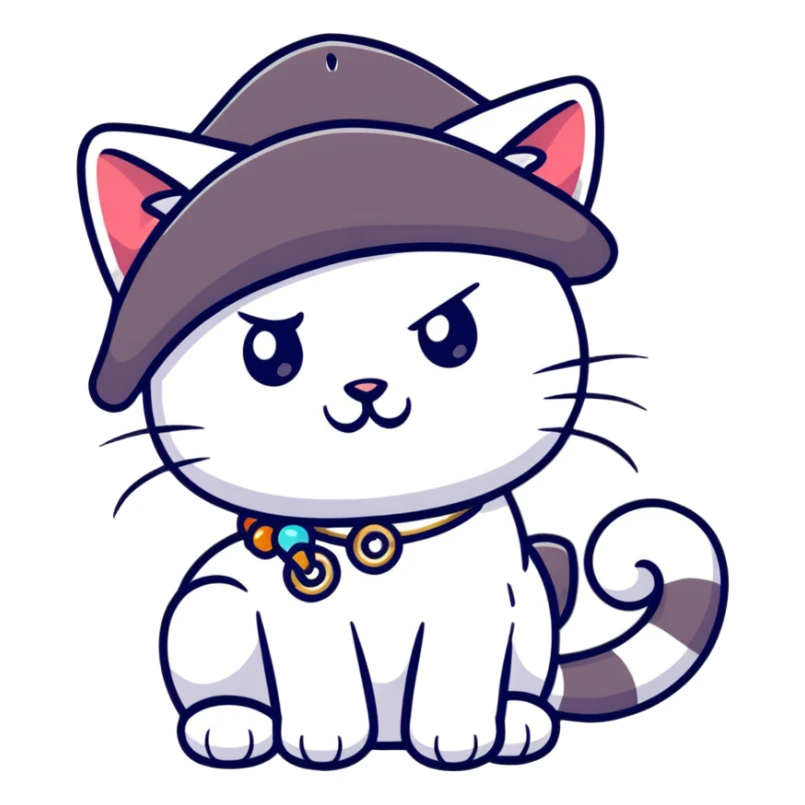 pirate cat with tricorn hat, beads in fur, mischievous expression sticker