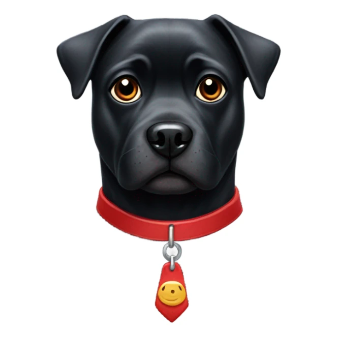 Black dog with short white scruff on mouth and chest pug nose and red collar  sticker