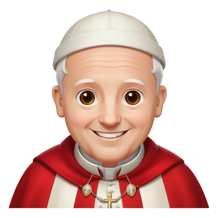 Pope waving and smiling, wearing red cape and white hat sticker