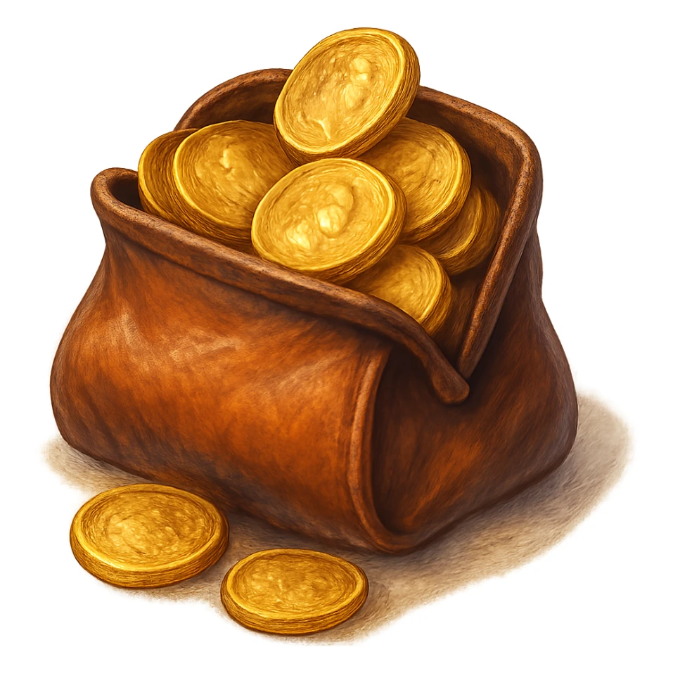 В cлегка рисованной, но при этом объемной и яркой стилистике сгенерируй картинку кожаного кошелька, из которого торчат натуральные фотореалистичные золотые монеты. Они должны выглядеть не как пластмассовые, а как настоящее золото. Прозрачный фон sticker