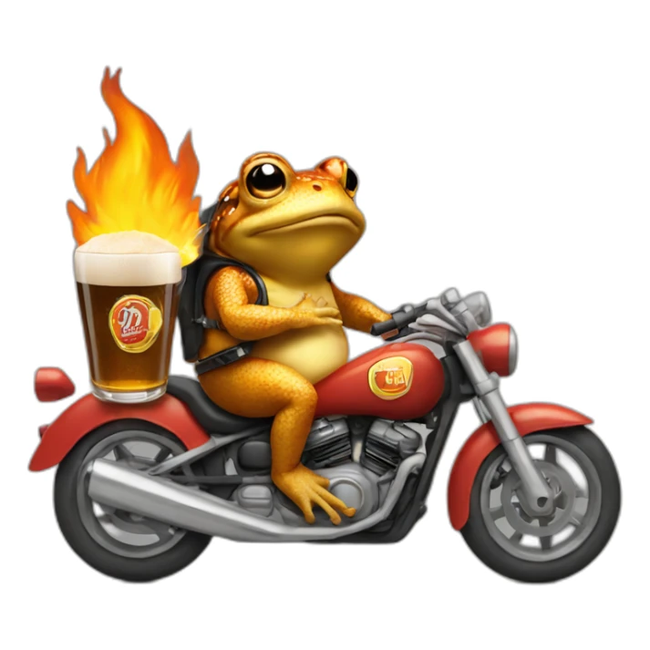 Toad in a motorbike with a beer in one and and fire exaut sticker