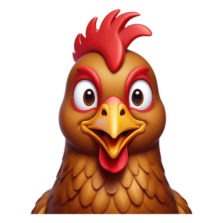Cinematic Comical Brown Chicken Portrait Emoji, Head tilted dramatically with an exaggeratedly amused expression, featuring a striking, glossy brown plumage with a vibrant red comb, wide, expressive beady eyes filled with playful disbelief, Simplified yet hilariously expressive features, highly detailed, glowing with a slightly sassy glow, high shine, dramatic yet playful, stylized with an air of cheeky mischief, bright and endearing, soft glowing outline, capturing the essence of a spirited and over-the-top chicken, so meme-worthy it feels like it could cluck its way into internet fame instantly! sticker