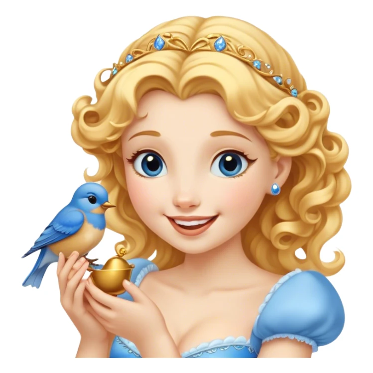 Cinematic Adorable Cinderella Portrait Emoji, Giggling softly while holding a tiny bluebird, golden curls bouncing, eyes sparkling with joy, wrapped in a soft golden glow, exuding warmth and charm, an irresistible blend of beauty and playfulness! sticker