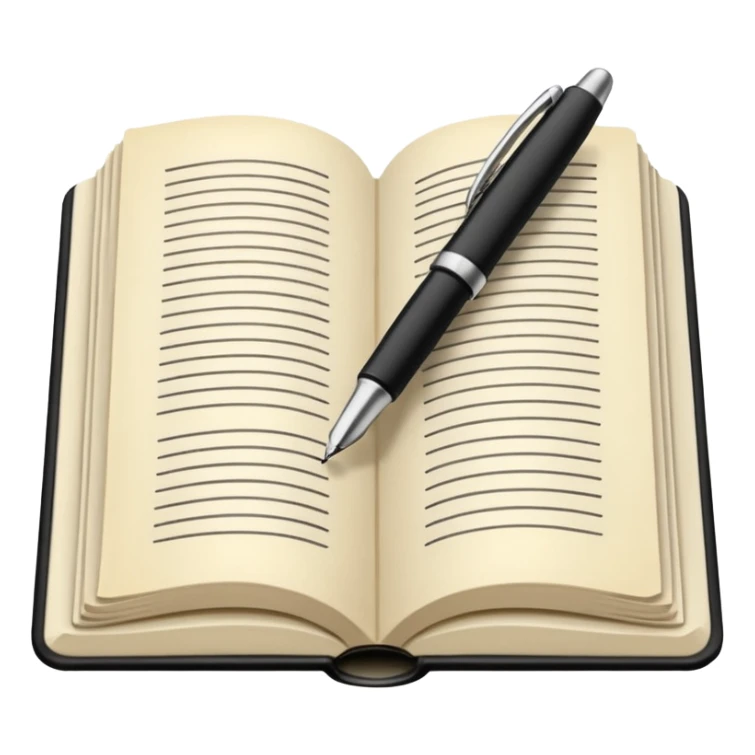 "A white open book,The pen should be positioned as placed exactly in the center between the pages.  if held by a right-handed person - meaning the direction is reversed compared to a left-handed grip. The pen should be uncapped, and the cap placed behind it." sticker