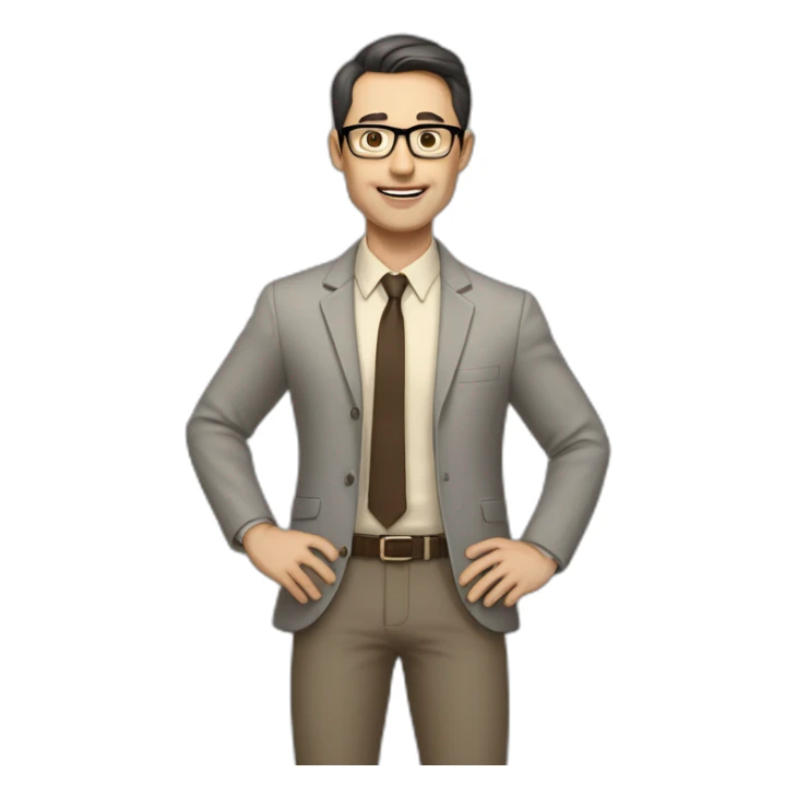 Full height Actively gesturing with hands Pale skinned fit man with dark brown hair in gray jacket, beige office shirt, brown tie, brown pants and vintage glasses. sticker