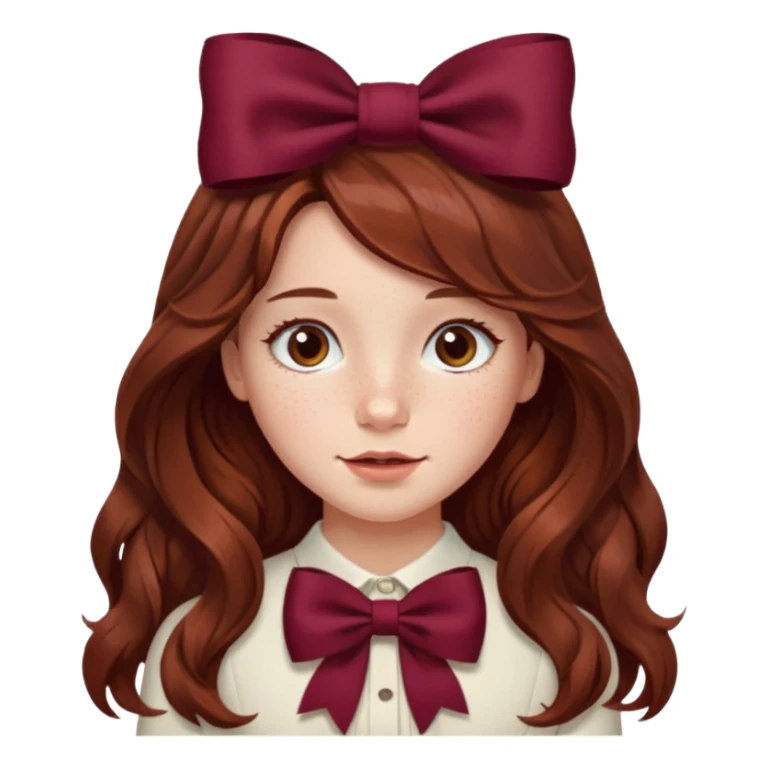 girl wavy long brown hair with a burgundy bow sticker