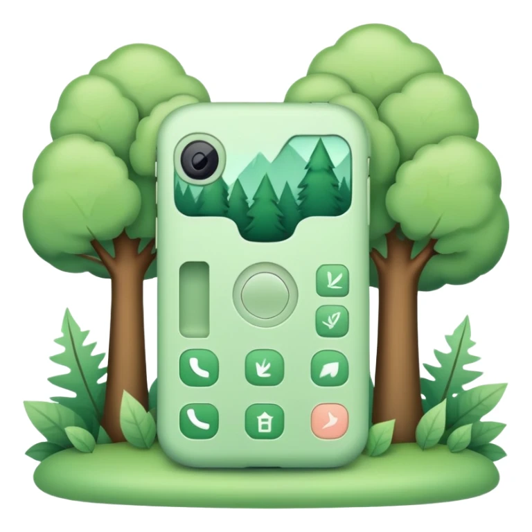 phone icon, pastel green color, forest theme with leaves, trees, nature elements sticker