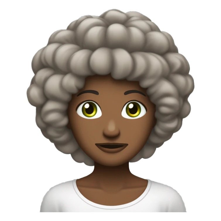 Cheveux bouclés, bruns foncés, longueur moyenne. Yeux marron vert. Visage ovale avec léger bouc. Expression légèrement sérieuse, sourcils froncés. T-shirt noir avec bandes blanches sur les épaules. Ajoute des AirPods. sticker