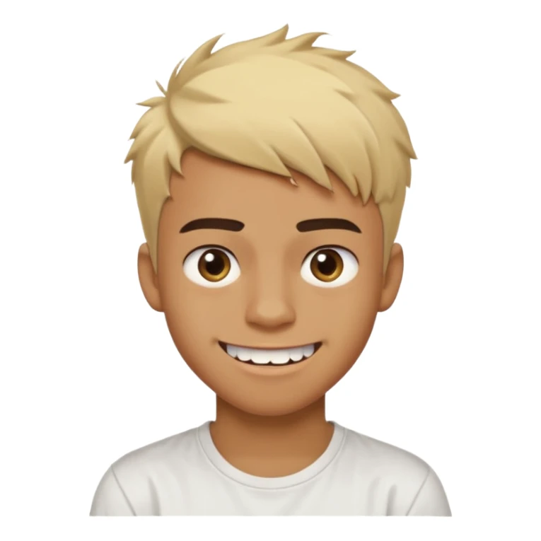 Short buzz, messy blonde hair. Dark brown bushy eyebrows large expressive golden-brown eyes, wearing a plain white t-shirt. Crooked grin showing imperfect teeth, one side raised higher than the other, grin with asymmetrical smile. Male Teenager. Brown skin color.  sticker