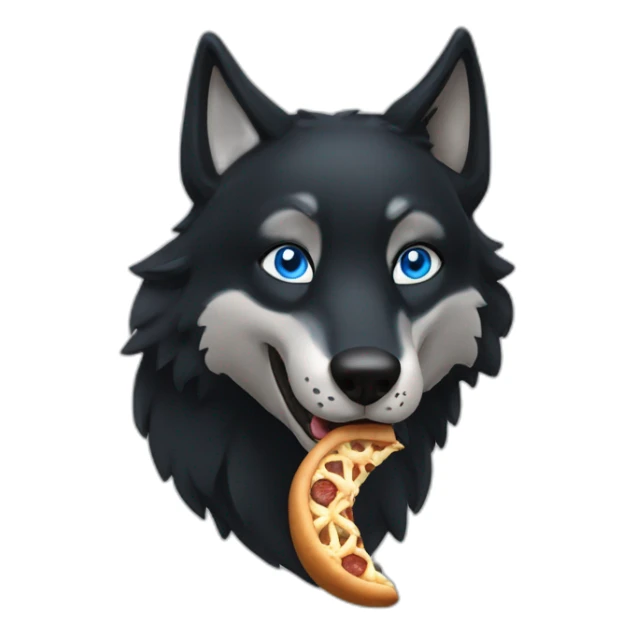 a full black wolf with blue eyes eating a bretzel sticker
