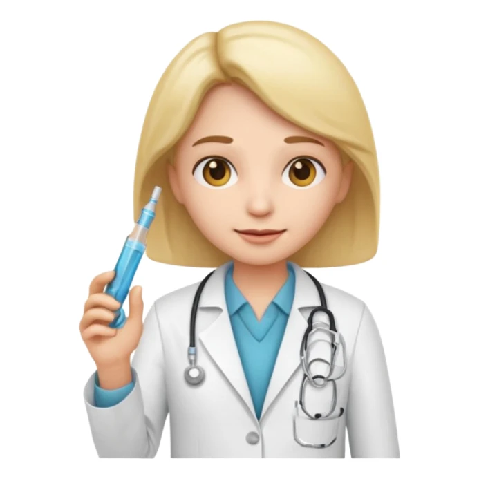 emoji comprando con traje de doctora con una jeringa en la mano sticker