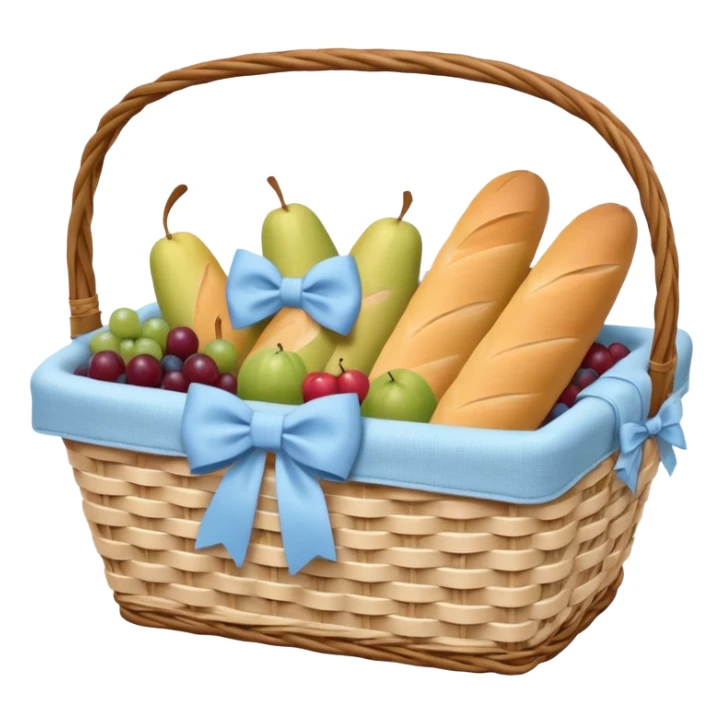A white Picnic basket with pastel blue bow，contained baguettes and fruit, sticker