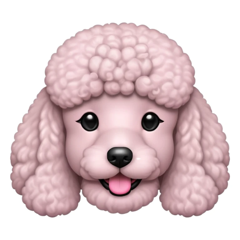Minimalist cartoon-style poodle face emoji, front view, clean flat design, no shadows, no fur texture, round black eyes, small black nose, pink tongue, light grey or white fur, simple outline, in the style of iPhone emoji — not realistic, not detailed sticker