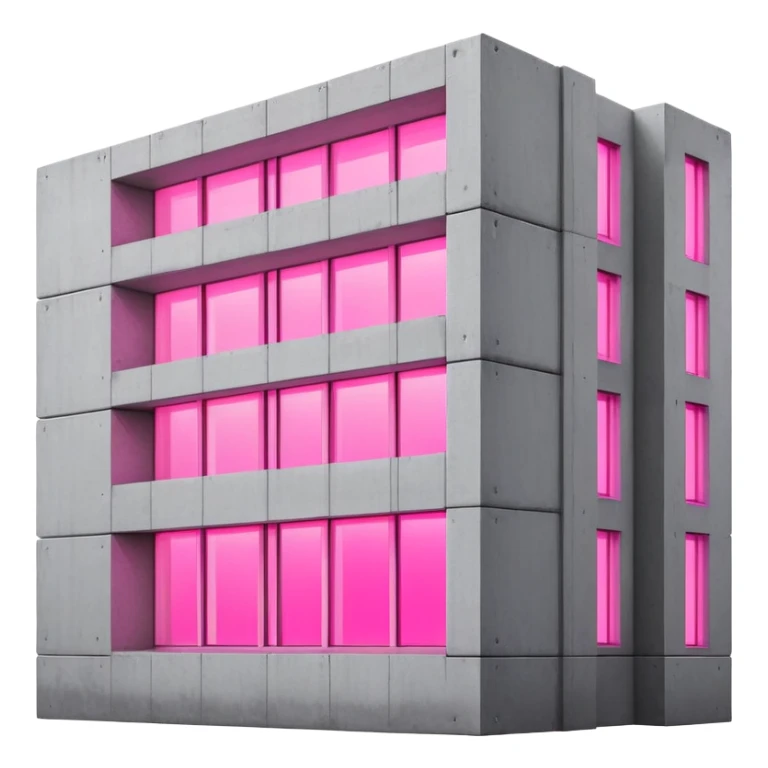 Minimalist Russian-style gray concrete panel building with one window glowing bright pink from grow lights inside, simple rectangular structure with brutalist architecture sticker