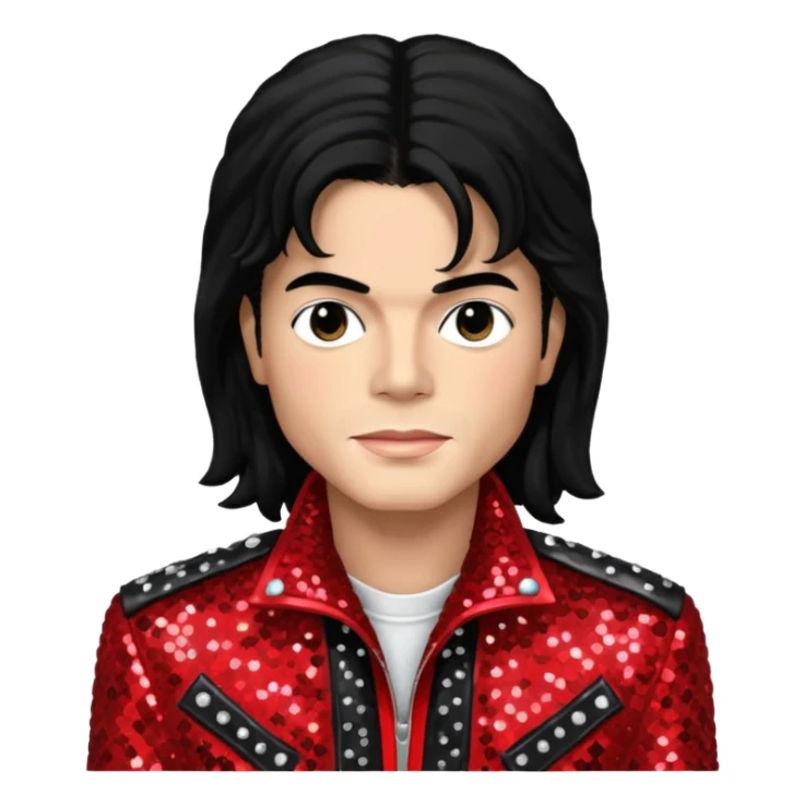Michael Jackson with black long hair, red sequin jacket, black shirt, light skin sticker