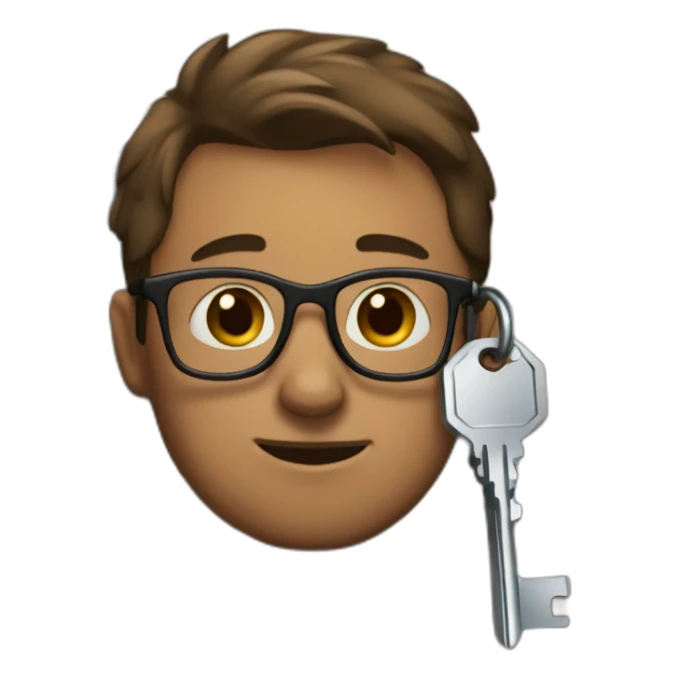 brown-short-haired man wearing glasses, struggling to fit a key into a door-lock sticker