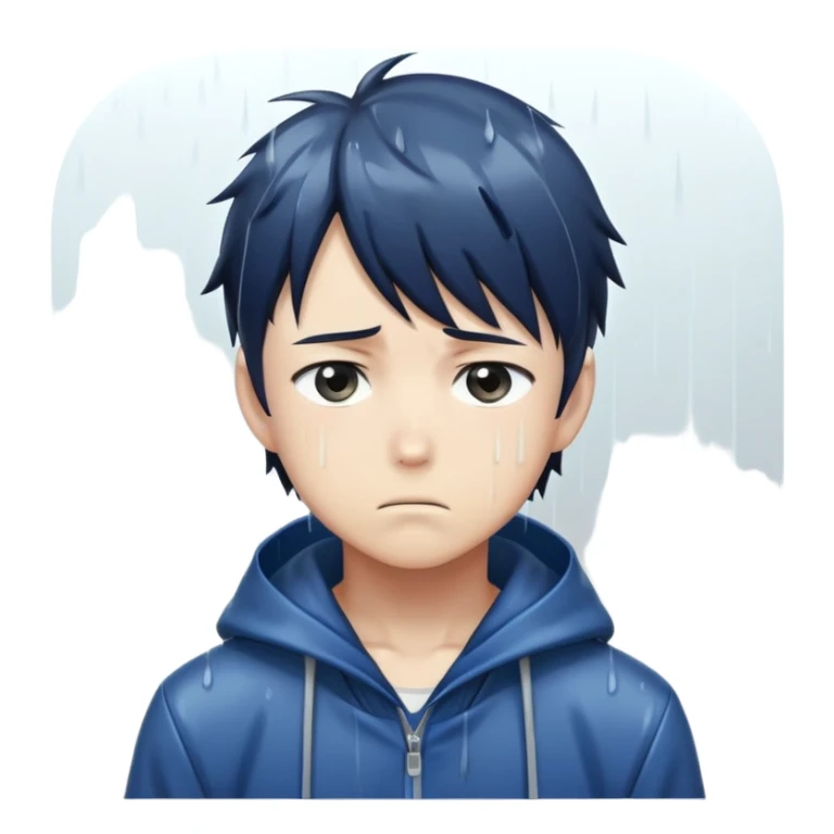 Anime character boy with sad expression standing in the rain, anime art style sticker