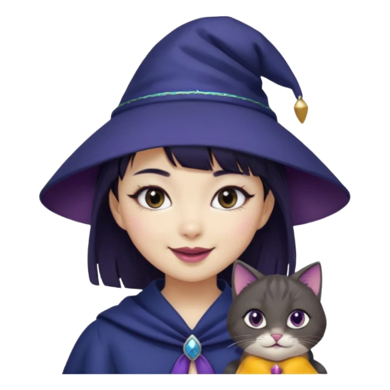 An Asian short-haired girl with short raven hair and bangs, with heterochromia eyes(her left eye is silver coloured and her right eye is dark brown coloured), cat-eyed eyeliner, and laughs with a tiny fang of mauve-toned lipstick, wears a dark navy wizard hat with an emblem on it. sticker