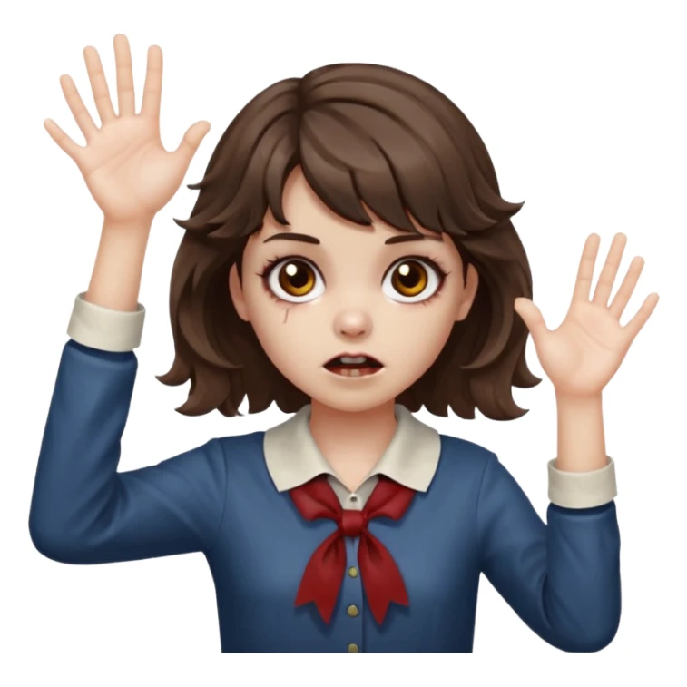 Cabelo ondulado  um pouco cheio e franja curta  Olhos marrons e pequenos e feita d ezumbi mais bonita com cabelo amarro na e com as mãos assim tipo assim🧟‍♀️ sticker