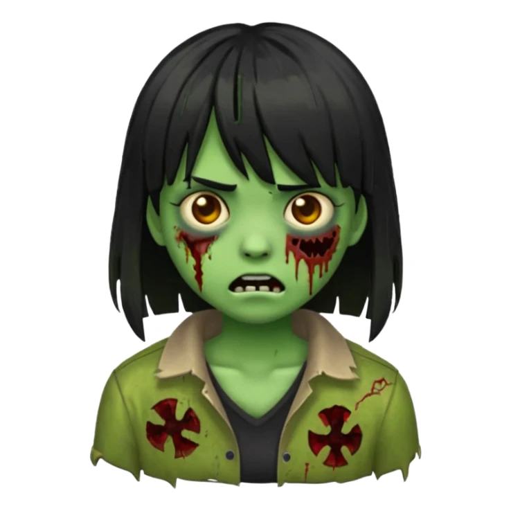 scary zombie emoji, green skin, medium black hair with bangs sticker