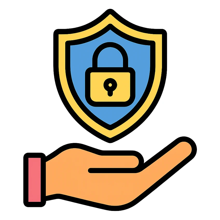 a hand holding a shield with a lock, representing a VPN, modern icon style sticker