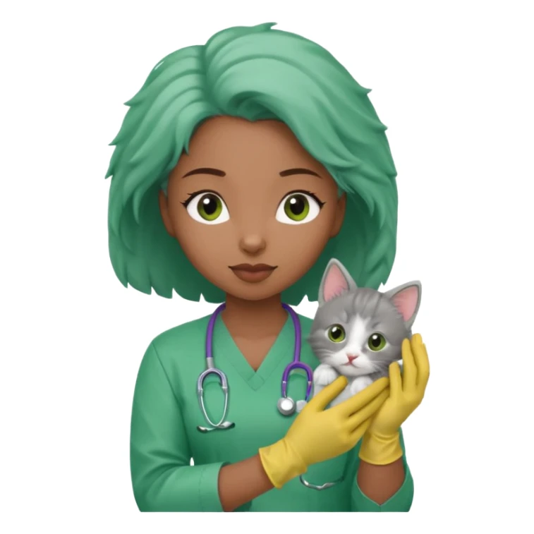 Young black female vet – scrubs, gloves, examining kitten. sticker
