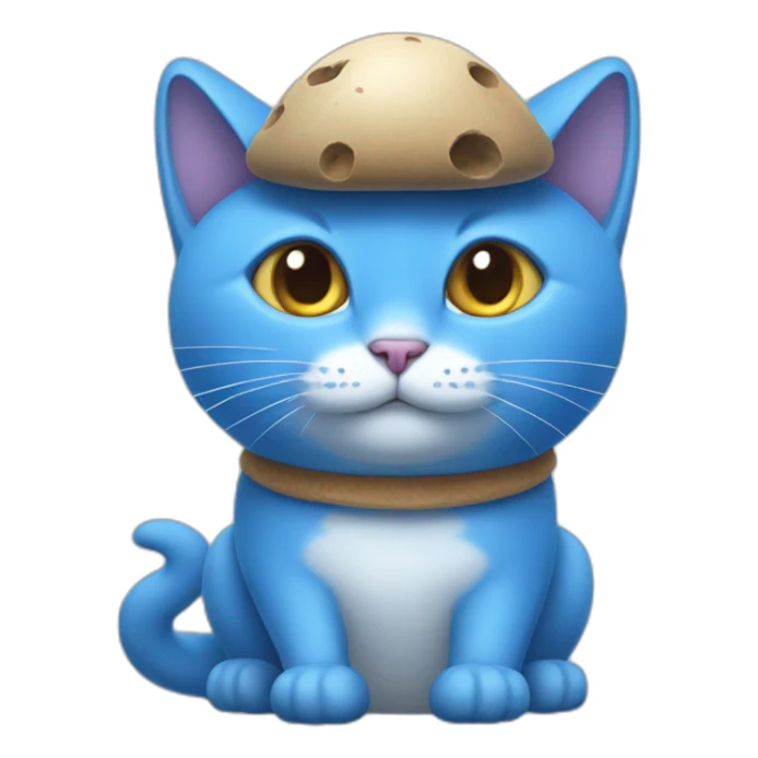 Blue cat with a small human body and a mushroom cap sticker