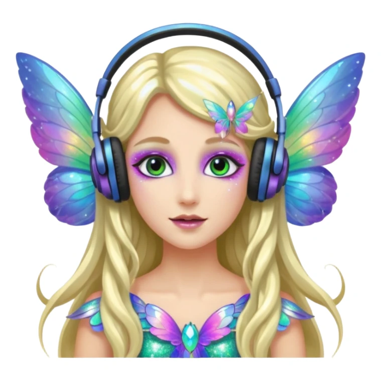 long haired make glitter makeup fairy wearing headpones wing wings
 sticker