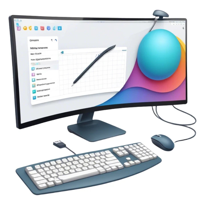 Create an emoji for UX/UI design. Large curved monitor, displaying UX/UI program design interface. Include a mouse, keyboard, and stylus, symbolizing the design process. Use modern, professional colors. Do not include any emojis or smiley faces. Make the background transparent. sticker