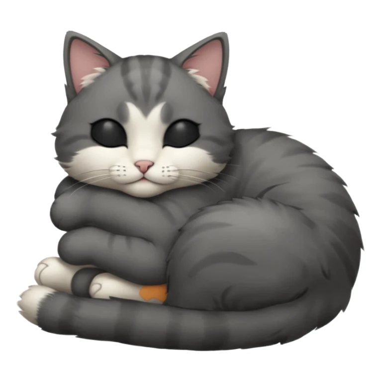 dark grey and white small cat with closed eyes, leaning his head on his paw while leaning on his elbow lying down sticker