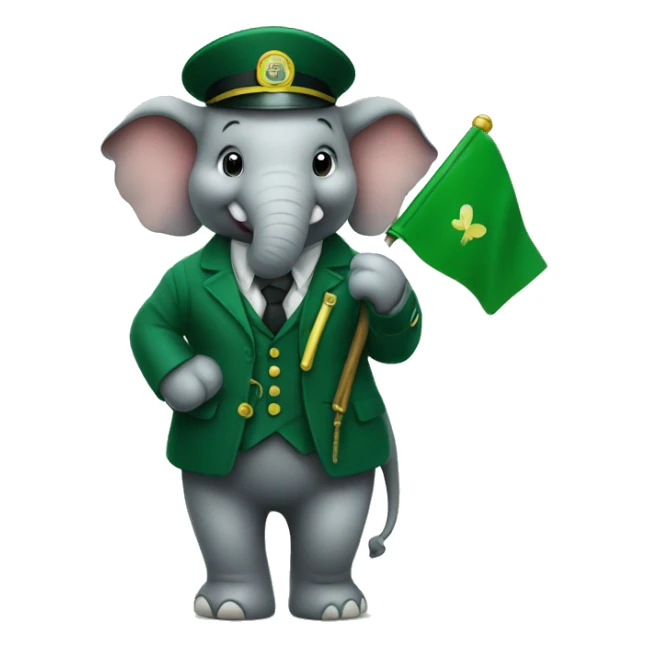 Cute elephant standing on 2 legs as a station master with green flag in hand sticker