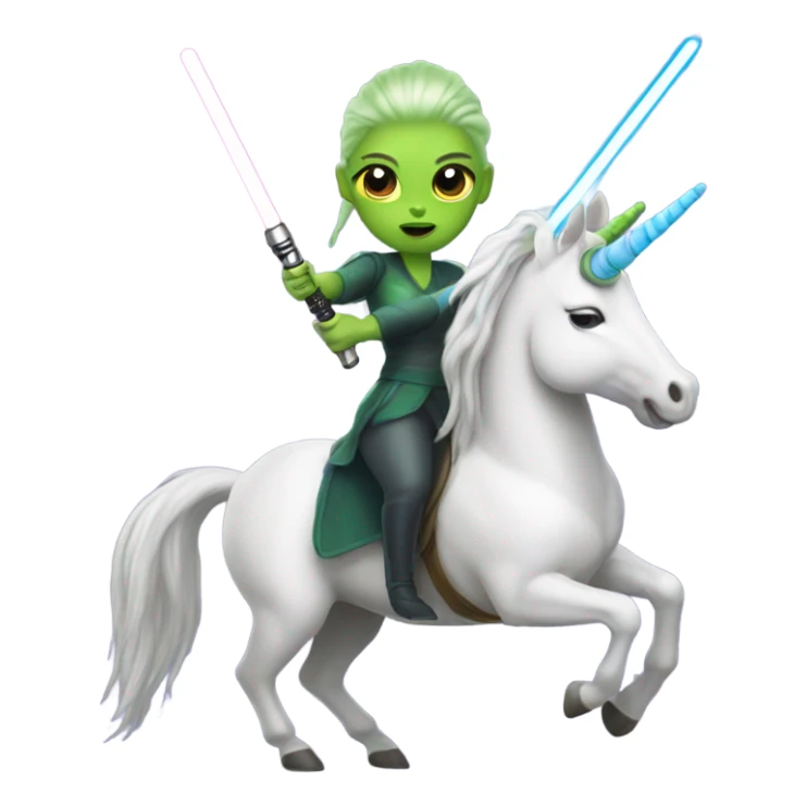 a unicorn with a green alien woman on it holding a lightsaber sticker