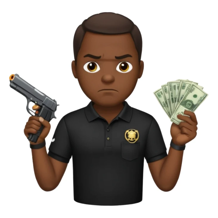 franklin saint from snowfall perhaps holding money and gun but he is mad and with a black polo shirt sticker